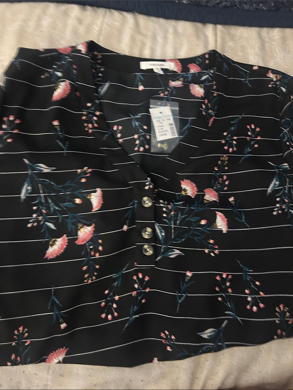 Time and Tru Black Floral Button-Front V-Neck Blouse